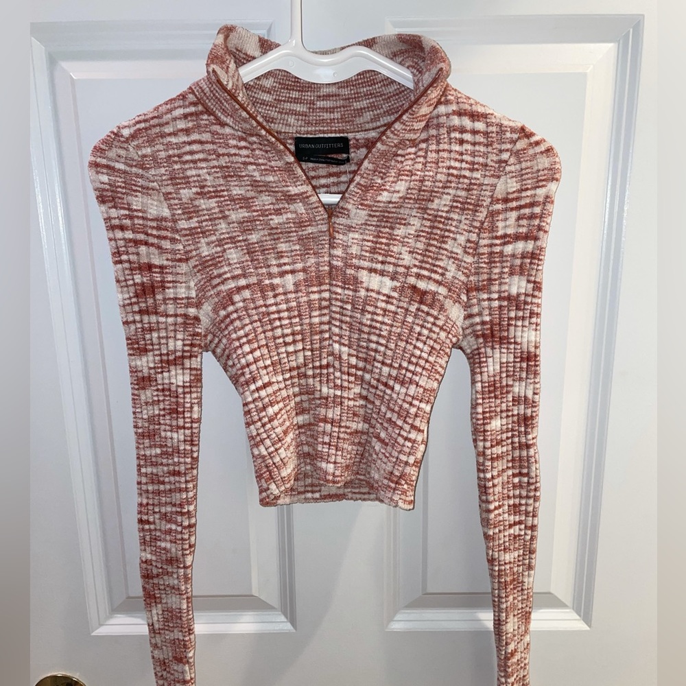 Urban Outfitters Rose-Tone Ribbed Quarter-Zip Cropped Sweater